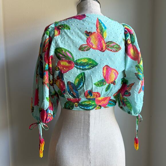Farm Rio Cropped Blouse Fruit Print Beaded Sleeve Tie Top XS - Picture 3 of 11